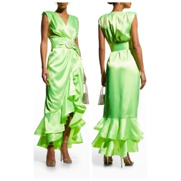 NWT Bronx & Banco Lika Belted Asymmetric Ruffle Maxi Dress Neon Green Size 10 - Picture 1 of 10